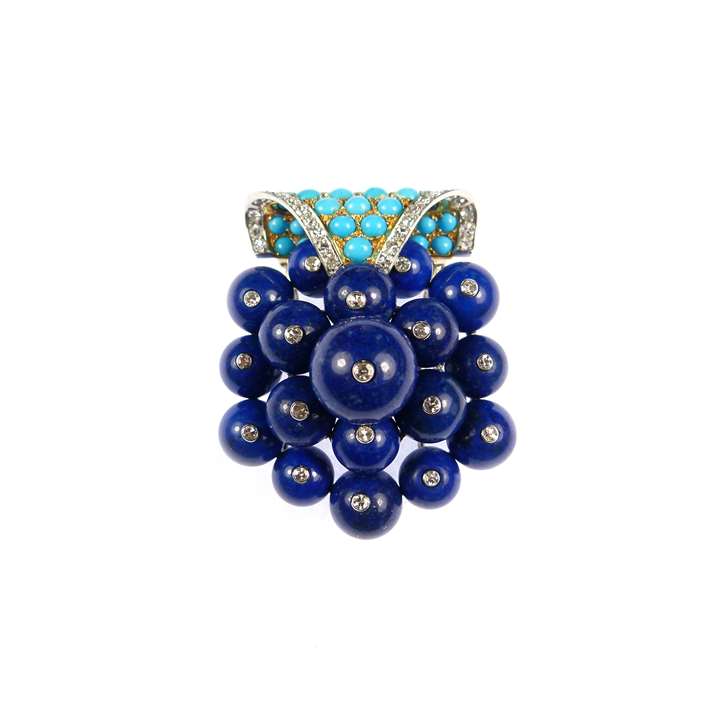 Lapis lazuli, diamond and turquoise cluster clip brooch